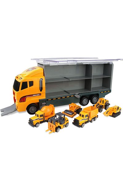OEM Set de Masinute, Tir Truck, Camion cu 6 Masini de Constructie, 36 cm Lungime, cu Panou Transparent,