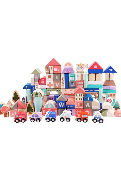 İSP Wooden Cube Construction Set 115 Pieces "Wooden Town", Motor and Intellectual Development