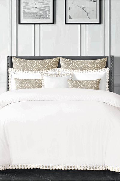 Bee Home Bed and Bath Loopy Scallop | 8 Pieces King Comforter Set - 280 X 244 Cm - White