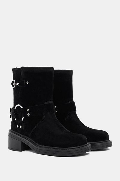 Bestyle Rock Women's Black Suede Buckle Detailed Real Leather Boots