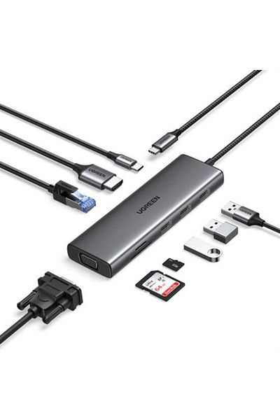 Ugreen | USB-C To 3*USB 3.0 A+HDMI+VGA+RJ45 Gigabit+SD/TF+PD Converter |Gray