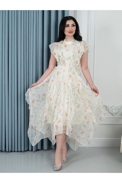 Nice Model Dusty Pink Botanical Midi Dress - Sophisticated Wedding Guest Outfit with Cap Sleeves & Tie Waist