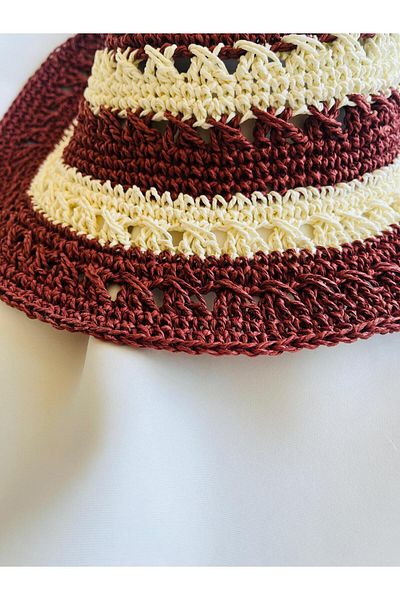 ESDE Two Color Brown and Cream Hand Knitted Straw Hat