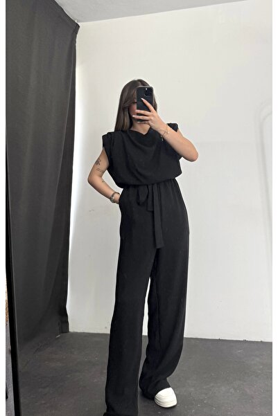 nona butik Padded Crepe Jumpsuit - Black