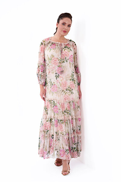 QUİZAS Quizas فستان شيفون إيطالي ناعم بنمط زهور مع تفاصيل تطريز مكشكشة مقاس كبير