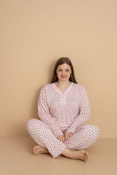 Temporium Women's Large Size Patterned Buttoned Collar Long Sleeve Bamboo Pajama Set