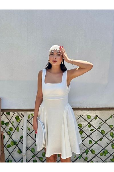 HandCo White Linen Dress Backless Tie-Up Strap Summer Dress