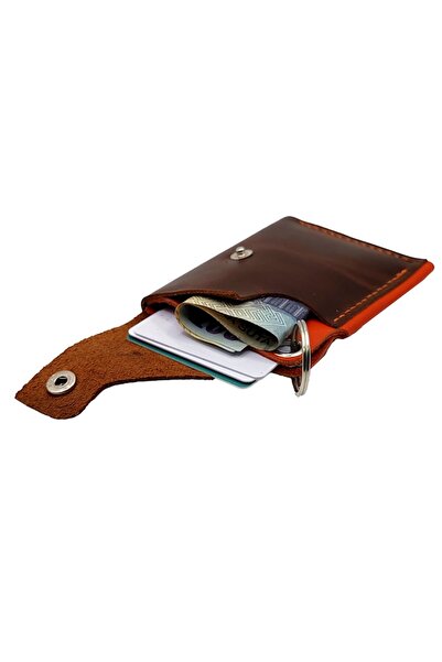 Natty Pell handmade brown leather card holder with orange stitching