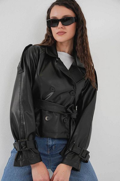 Bigdart Belted Black Women's Leather Jacket 1046