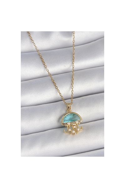 Clariss 316L Steel Gold Color Blue Stone Jellyfish Model Pearl Detail Women's Necklace