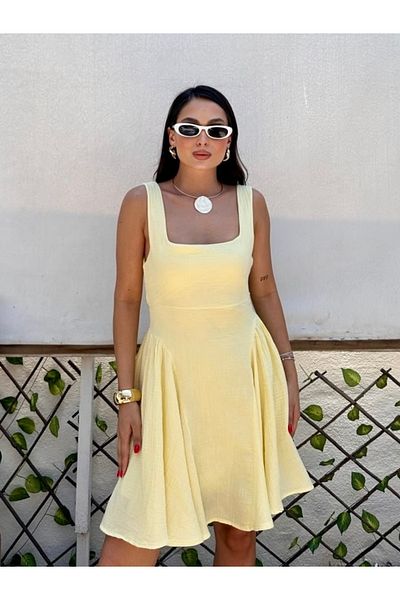 HandCo Yellow Linen Dress Backless Tie-Up Strap Summer Dress