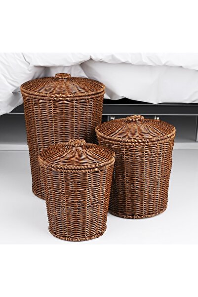 Kosova Çırağan Home Rattan Hasır Örme 3’lü Kapaklı Sepet