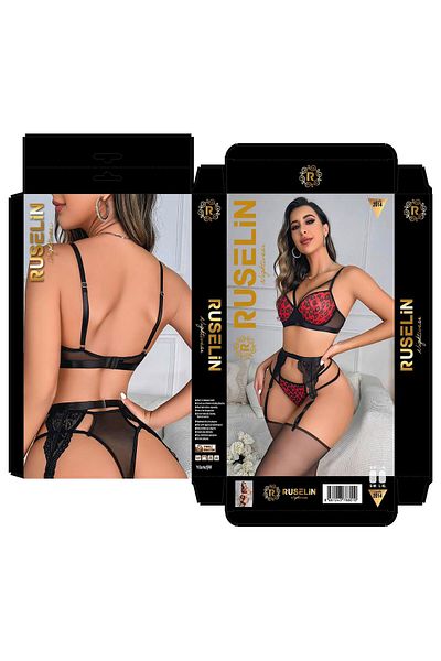 PİERLES Stylish Garter with Lace Detail Black-Red