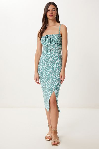 Happiness İstanbul Women's Water Green Floral Slit Summer Knitted Dress CI00029