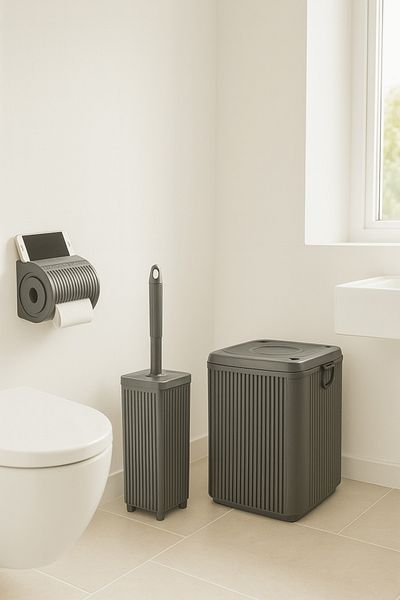 Sas Haus Комплект за баня Lines Series Grey, 3 части, акрилен кош за боклук, 7 литра, четка за тоалетна, държач за тоалетна хартия -