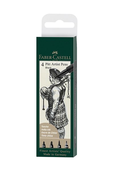 Faber Castell Pitt Artist Pen Drawing Pen Set, 4-Piece (1,5, C, B, Fm Nib),Water and Fade Resistant,Permanent Ink