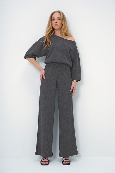 Trend Alaçatı Stili Anthracite Color Boat Neck Loose Blouse and Palazzo Pants - Bat Sleeve Alc-X13470
