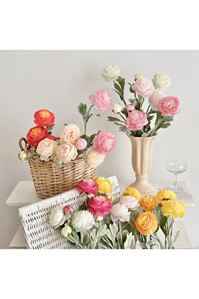 Yapay Çiçek Deposu Yapay Çiçek 3lü Şakayık Ranunculus Dalı 50 cm Fuşya