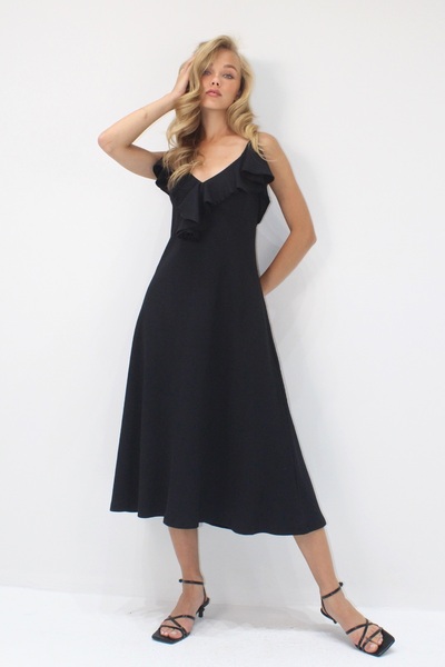 Trend Alaçatı Stili Dámské černé šaty s límečkem a volánkem Midi délka ALC-X14239