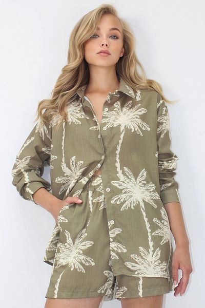 Trend Alaçatı Stili Women's Khaki Patterned Flared Linen Shirt and Double Pocket Shorts Set Alc-X14209