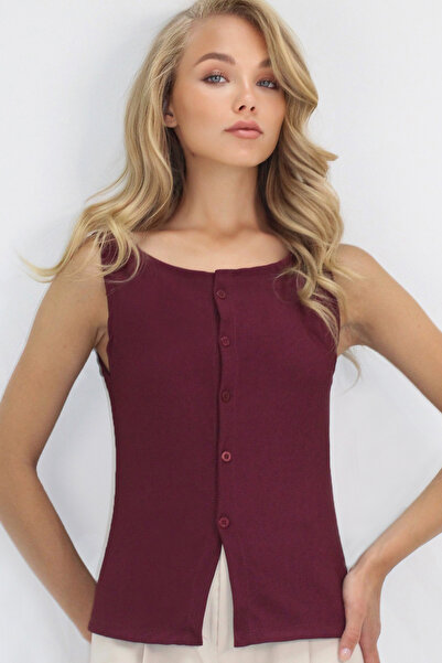 Trend Alaçatı Stili Women's Burgundy Crew Neck Front Button Ottoban Tank Top Alc-X14210
