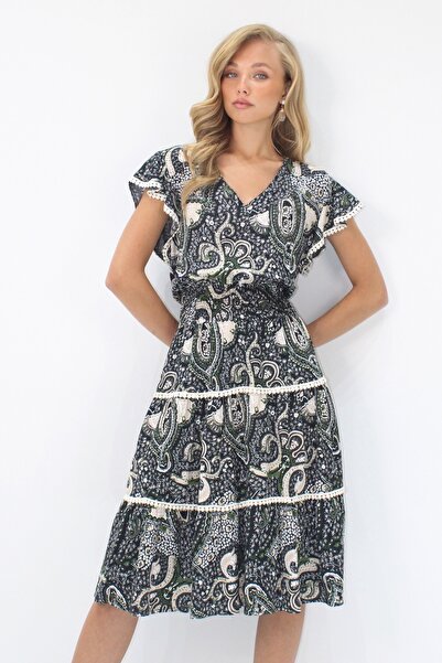 Trend Alaçatı Stili Γυναικείο χακί V λαιμόκοψη έθνικ μοτίβο με λεπτομέρεια με φιστόκομπο υφαντό φόρεμα ALC-X14094