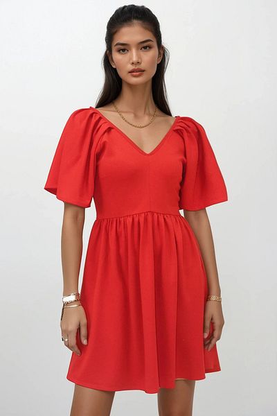 Trend Alaçatı Stili Women's Red Front Back V Neck Short Sleeve Mini Knitted Dress Alc-X14190