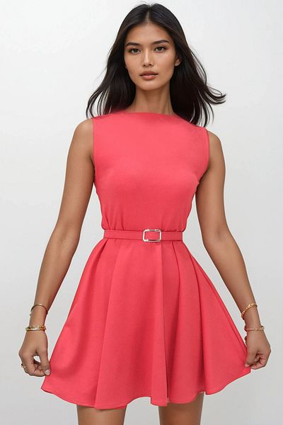 Trend Alaçatı Stili Women's Pomegranate Flower Boat Neck Self Belt Sleeveless Flared Mini Dress Alc-X14187