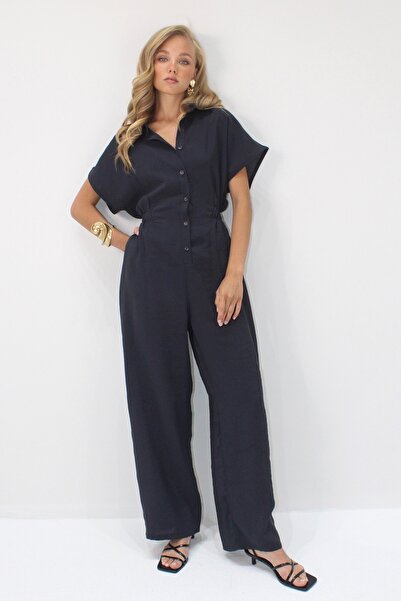 Trend Alaçatı Stili Women's Black Shirt Collar Button Double Pocket Tensel Fabric Jumpsuit Alc-X14211