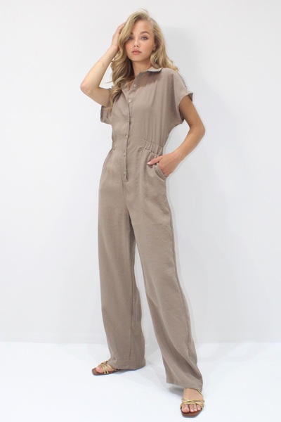 Trend Alaçatı Stili Γυναικείο πουκάμισο καφέ γάλακτος με κουμπιά γιακά με διπλή τσέπη Tensel υφασμάτινη φόρμα ALC-X14211