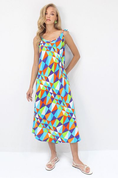 Trend Alaçatı Stili Rochie de damă, cu curea de frânghie albastră, multicoloră, lungime midi, țesută din viscoză ALC-X14197