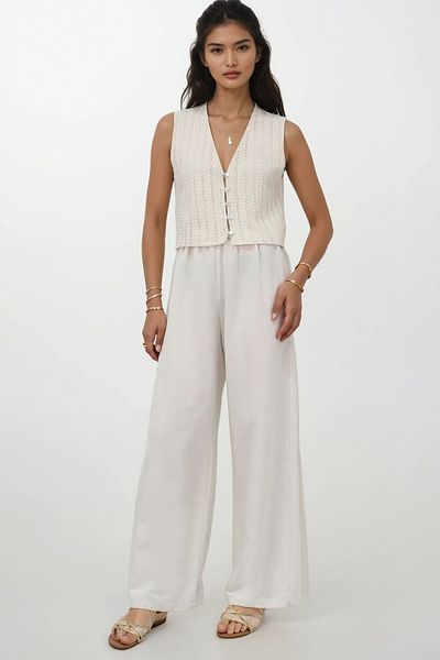 Trend Alaçatı Stili Women's Ecru Guipure Lined Vest and Linen Palazzo Trousers Set Alc-X14188