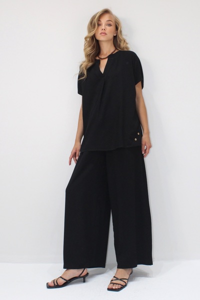 Trend Alaçatı Stili Czarny damski garnitur dwuczęściowy z wiskozy tkanej z detalami i luźnym krojem zapinany na guziki ALC-X14244