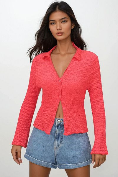 Trend Alaçatı Stili Women's Pomegranate Flower V-Neck Spanish Sleeve Seersucker Summer Shirt Alc-X13459