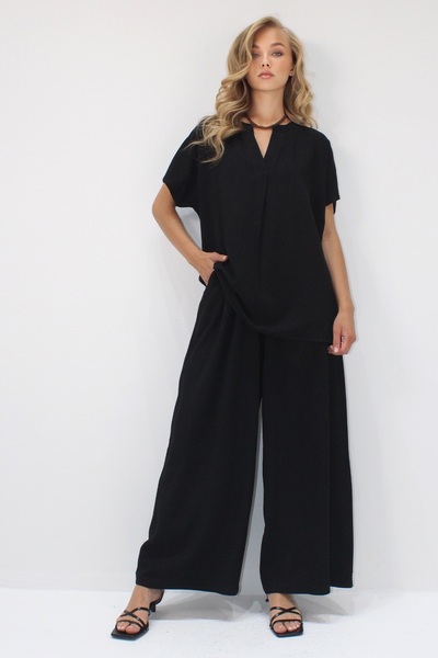 Trend Alaçatı Stili Czarny damski garnitur dwuczęściowy z wiskozy tkanej z detalami i luźnym krojem zapinany na guziki ALC-X14244