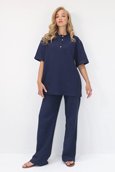 Trend Alaçatı Stili Női sötétkék dupla ujjú gallér gombos alsó felső szett nadrággal ALC-X11487