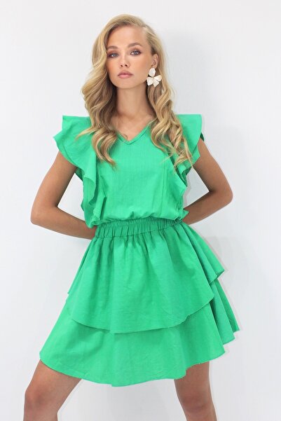 Trend Alaçatı Stili Dámské zelené minišaty s výstřihem do V s volánem na vrstvy s volánky ALC-X14236