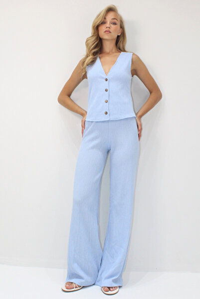 Trend Alaçatı Stili Women's Blue V-Neck Buttoned Vest and Pants Suit Alc-X13583