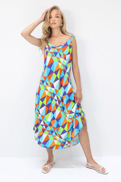 Trend Alaçatı Stili Rochie de damă, cu curea de frânghie albastră, multicoloră, lungime midi, țesută din viscoză ALC-X14197