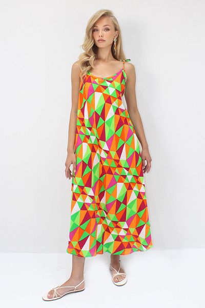 Trend Alaçatı Stili Orangefarbenes Damenkleid mit mehrfarbigem Midi-Kleid aus gewebter Viskose mit Seilriemen ALC-X14197