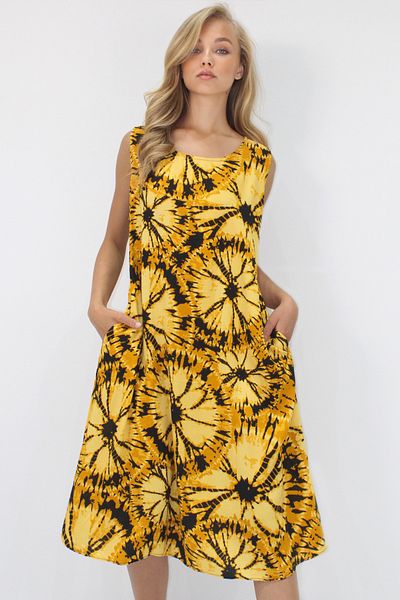 Trend Alaçatı Stili Women's Yellow Crew Neck Double Pocket Tie-Dye Pattern a Form Midi Length Woven Viscose Dress Alc-X14202