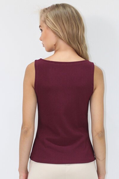 Trend Alaçatı Stili Women's Burgundy Crew Neck Front Button Ottoban Tank Top Alc-X14210
