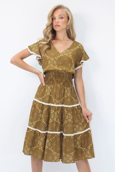Trend Alaçatı Stili Women's Oil Green V-Neck Ethnic Patterned Fisto Detailed Waist Gipeli Woven Dress Alc-X14094