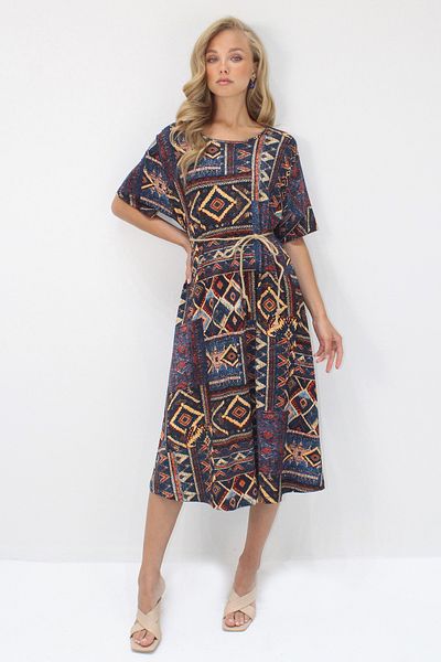 Trend Alaçatı Stili Women's Navy Blue Boat Neck Patterned Midi Length Comfortable Fit Viscose Dress Alc-X14208