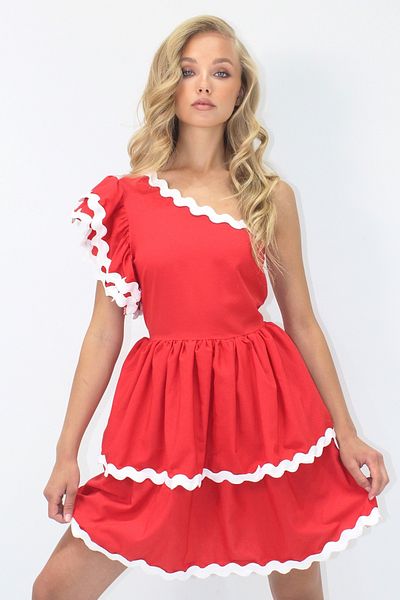 Trend Alaçatı Stili Women's Red One Shoulder Hidden Zipper Skirt Layered Flounces Woven Poplin Dress Alc-X14220