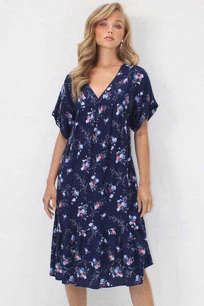 Trend Alaçatı Stili Rochie de damă bleumarin cu decolteu în V cu mâneci duble, cu model, croială confortabilă, cu buzunare duble, țesută din viscoză ALC-X14196