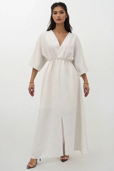 Trend Alaçatı Stili Women's Ecru Double Breasted V-Neck Slit Detailed Lined Maxi Size Linen Dress Alc-X14189
