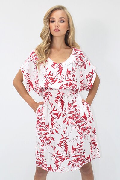 Trend Alaçatı Stili Women's Red V-Neck Double Pocket Patterned Waist Gipped Woven Viscose Dress Alc-X14201