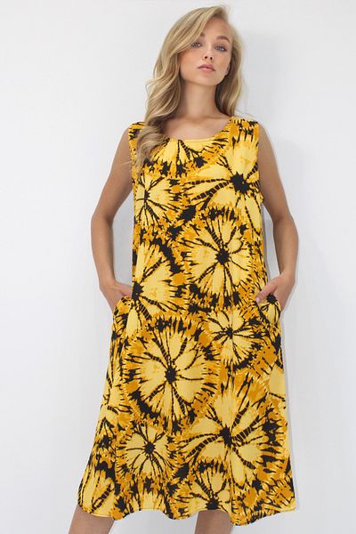 Trend Alaçatı Stili Women's Yellow Crew Neck Double Pocket Tie-Dye Pattern a Form Midi Length Woven Viscose Dress Alc-X14202