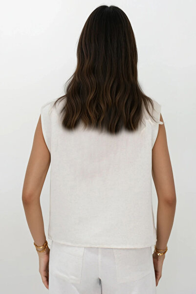 Trend Alaçatı Stili Women's Ecru Crew Neck Sleeveless Linen Blouse Alc-X14185